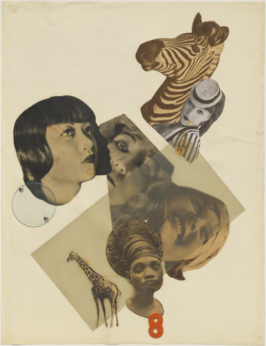 A Collage of black and white photos of women’s faces and animals, overlaid with other materials