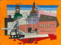 A painting of a tug boat and other objects in bright colors with an orange border.