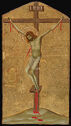 Long pentagonal wooden panel showing bleeding man hanging on a cross