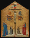 Man on cross surrounded by angels and mourning figures.