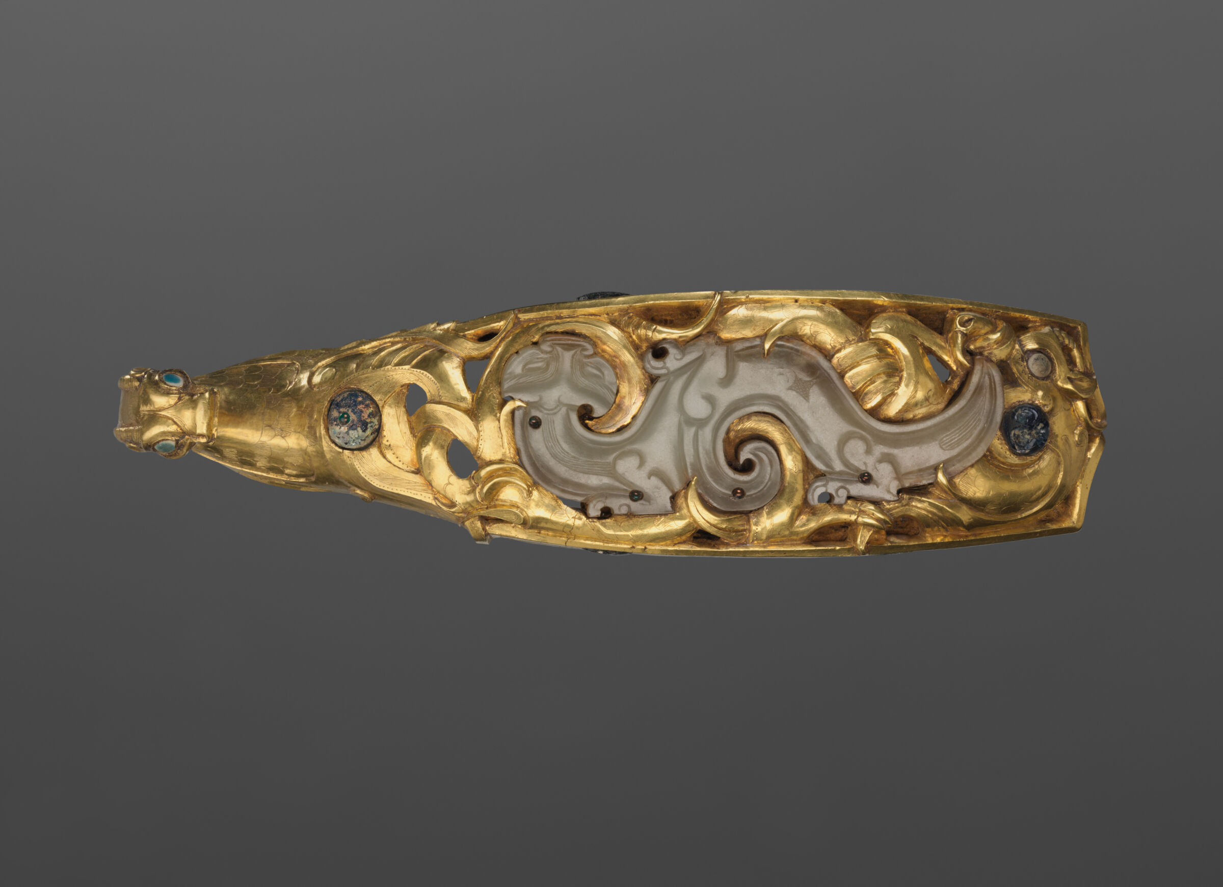 Gold Garment Hook With Inset Jade Dragon