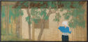 Two long horizontal screens, each painted with a scene depicting a wooden house surrounded by trees