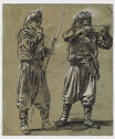 A loose drawing of two figures in loose layered clothing, in black and white chalk on brown paper.