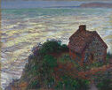 Landscape painting depicts from above a small cottage on a grassy bluff overlooking a calm ocean in daylight.
