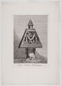 
An etching of a figure wearing a pyramid-shaped costume.
