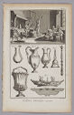 
A rectangular print on off-white paper, printed in black. The top third of the work shows a workshop with workers and the bottom two-thirds displays several vessels.