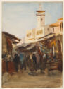 Vertical street market scene with figures loosely painted in shade with a brightly lit building in the background.
