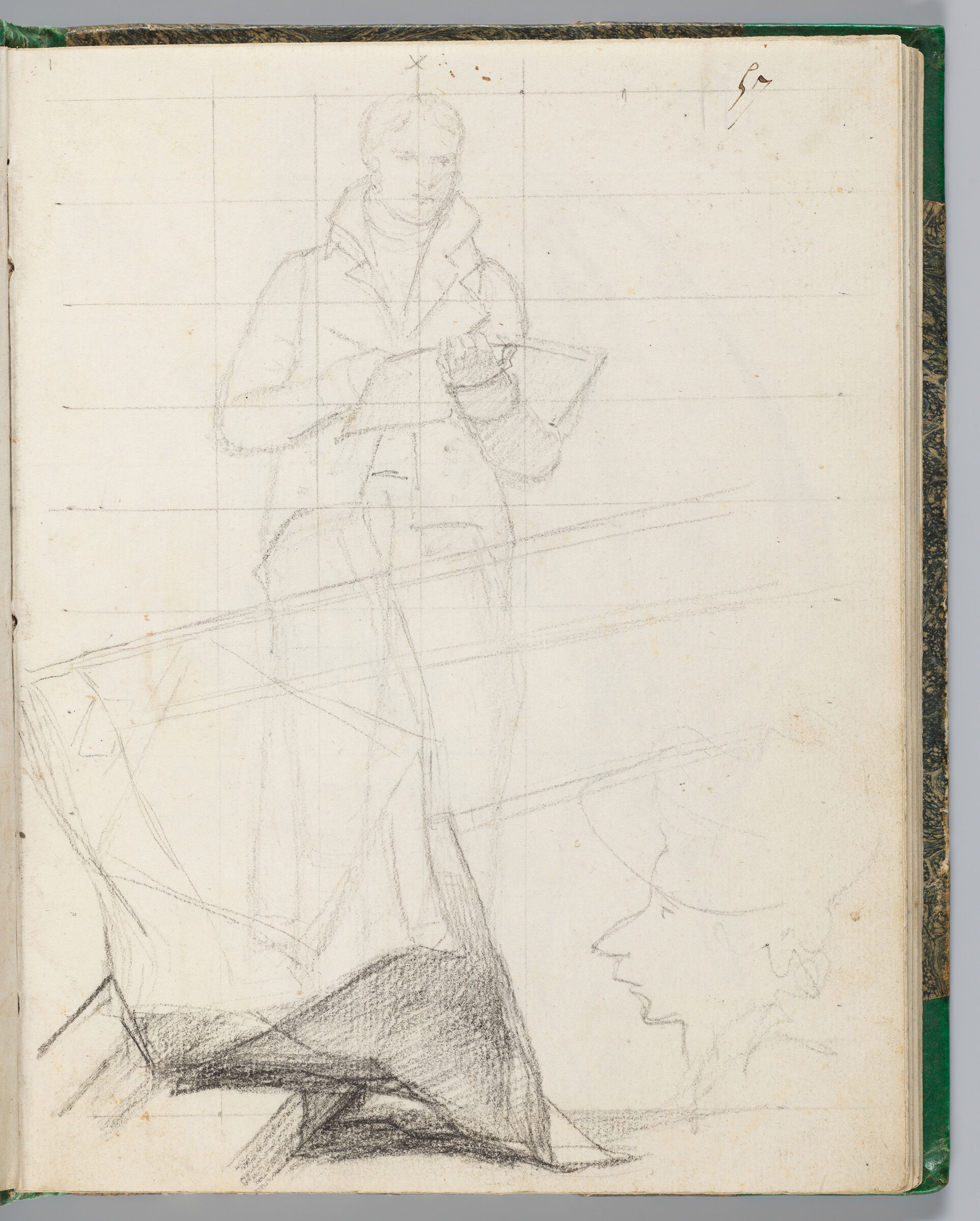 Study Of The Artist Standing Sketching; Lowered Banners; Profile Caricature; Verso: Facade Of A Building