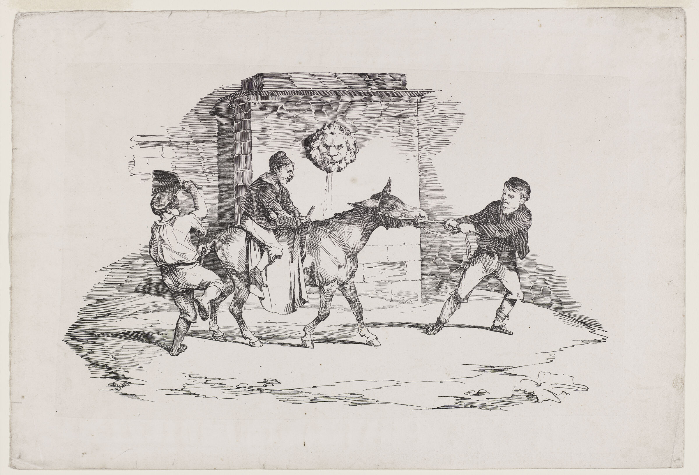 Three Children Playing With A Donkey