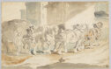 A graphite and watercolor wash drawing of seven draft horses pulling a ladened cart up a hill alongside some buildings.