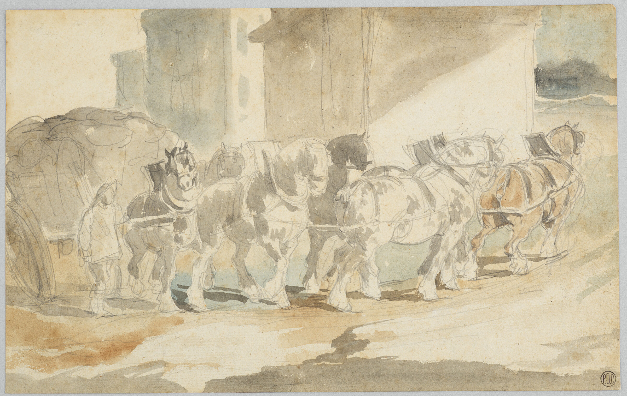 Coal Wagon Hauled By Seven Horses; Verso: Sketches Of Horses And A Cart