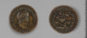 Both sides of an irregularly shaped bronze coin with relief decoration on each side.　