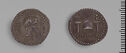 Both sides of an irregularly shaped silver-gray coin with relief decoration on each side.　 