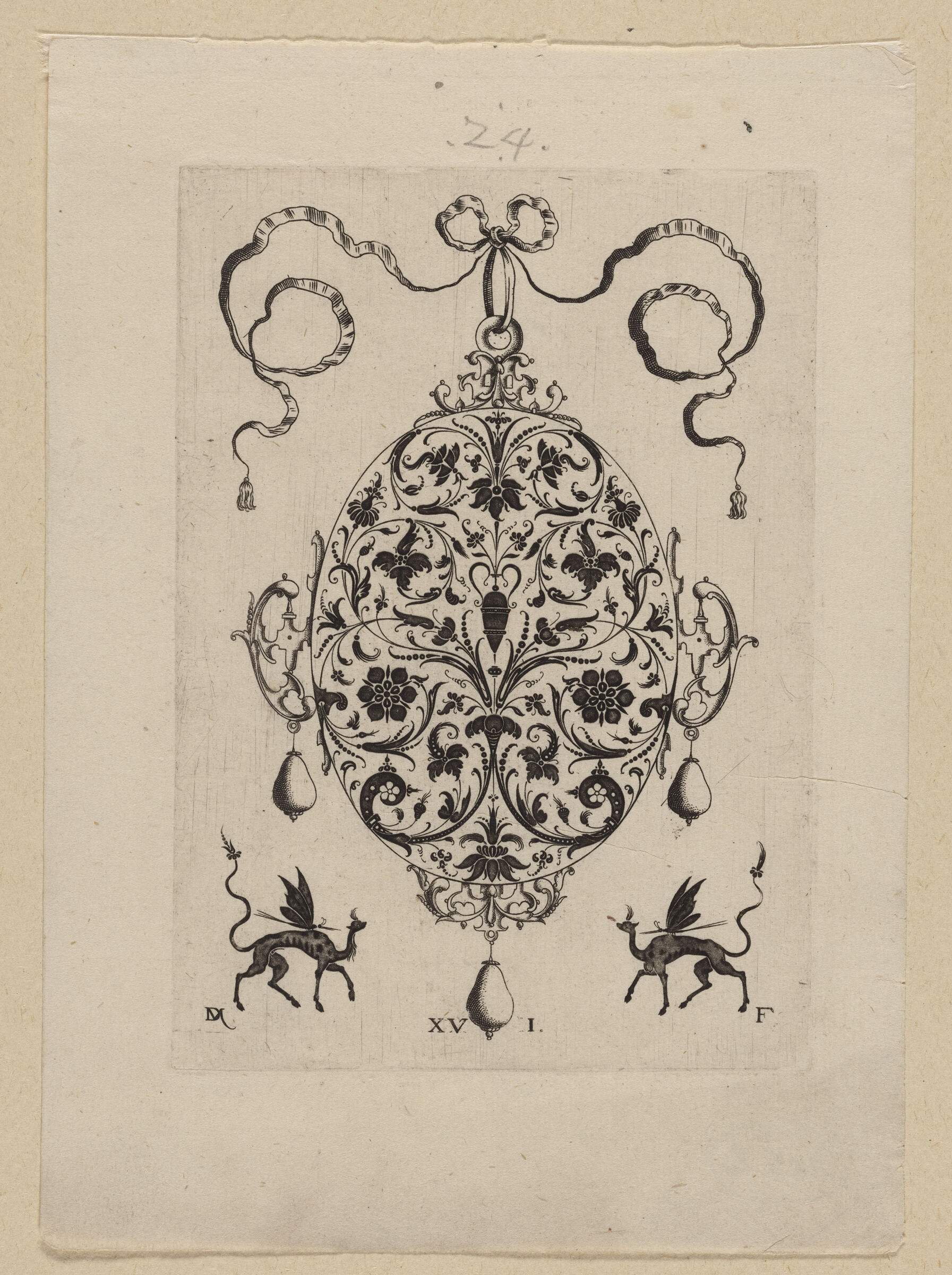 Pendant With Blooming Foliate Scrollwork Centered By A Vase, Monsters, Insects, And Three Pendant Pearls Below
