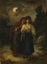 Two figures stand in a clearing near a wooded area under a moonlit sky