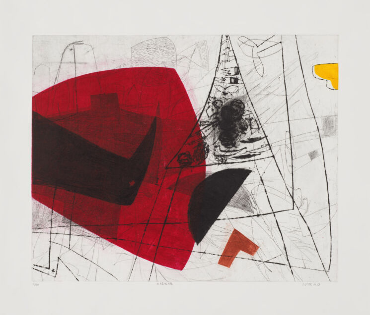 
An abstract print featuring intersecting black lines and a bright red shape with two overlapping smaller black forms. 
 