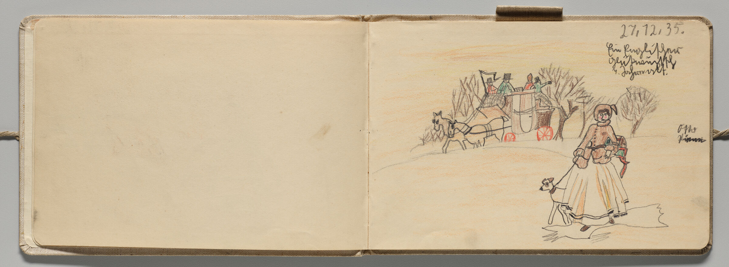 Untitled (Blank, Left Page); Untitled (Winter Landscape With Horse-Drawn Carriage And Woman Walking Dog, Right Page)