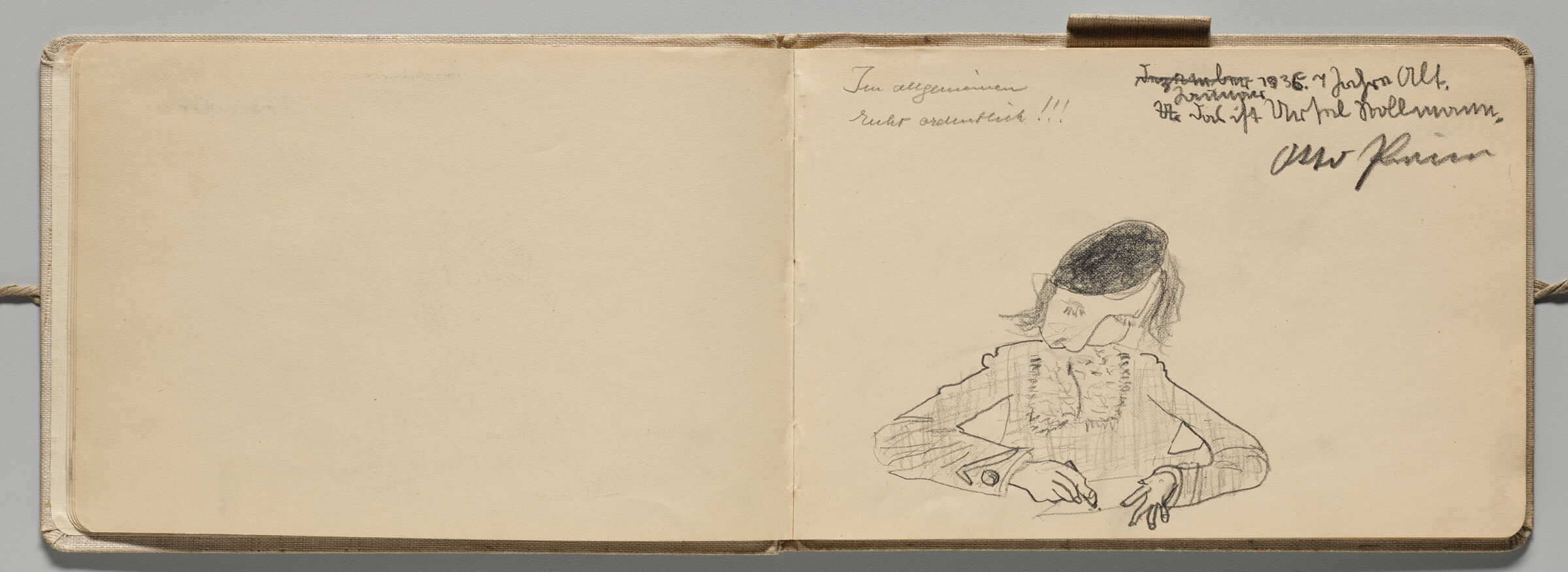 Untitled (Blank, Left Page); Untitled (Portrait Of Figure Writing Or Drawing, Right Page)