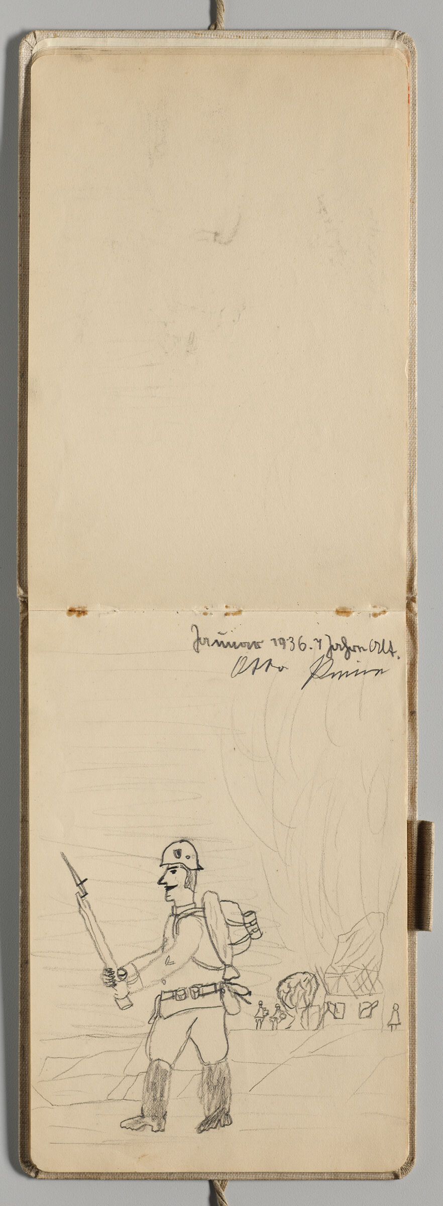 Untitled (Blank, Left Page); Untitled (Armed Soldier In Front Of Figures Next To House, Right Page)