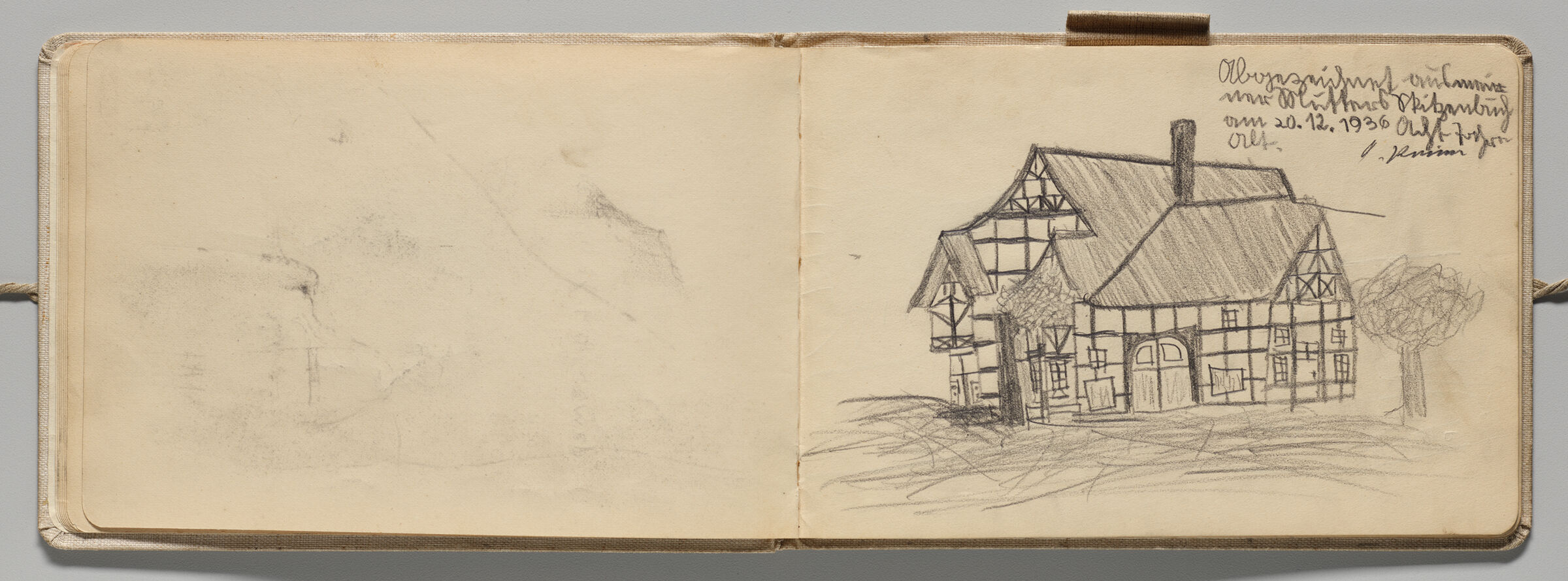 Untitled (Blank With Graphite Smudges, Left Page); Untitled (House With Tree, Right Page)