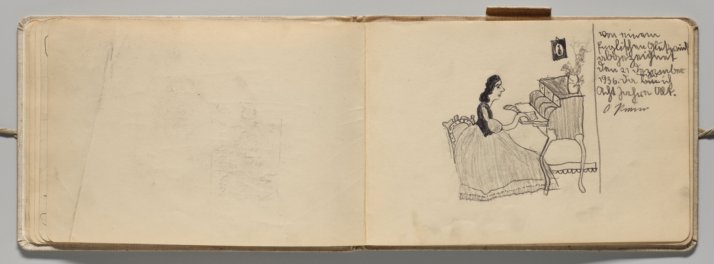 Untitled (Blank, Left Page); Untitled (Seated Female Figure Writing Letter At Desk, Right Page)