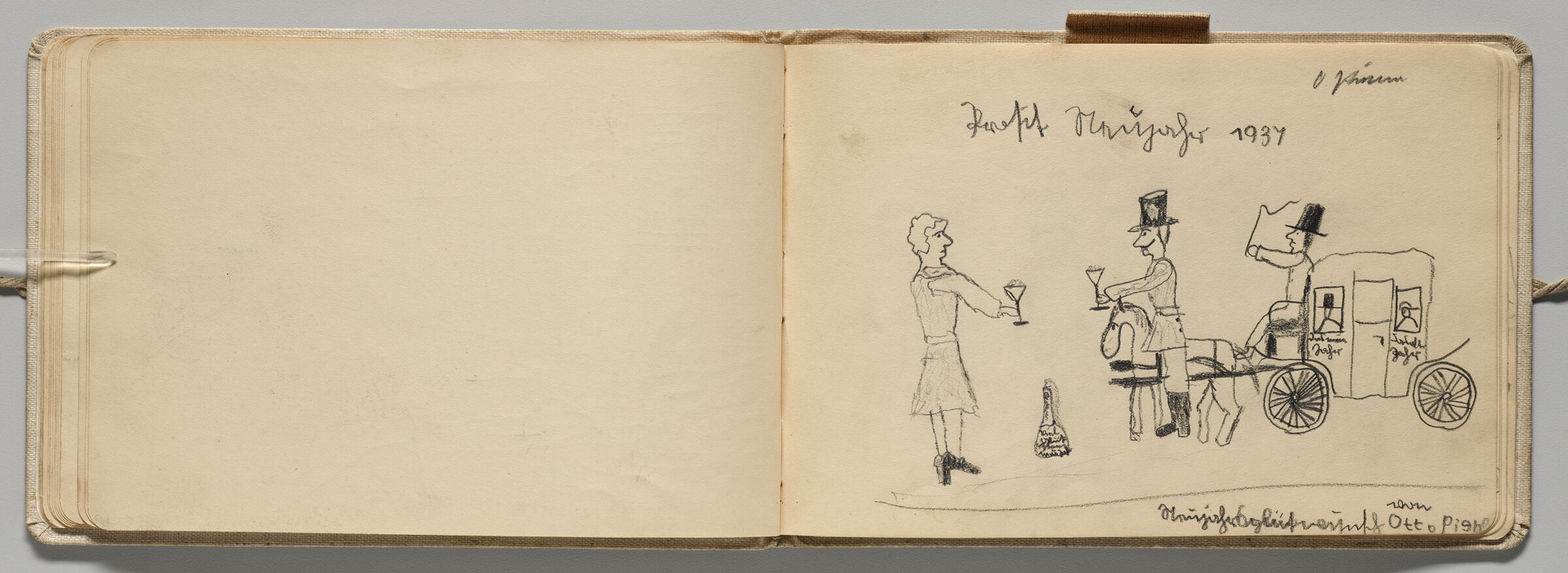 Untitled (Blank, Left Page); Untitled (Female Figure Toasting Two Male Figures On Horse-Drawn Carriage, Right Page)