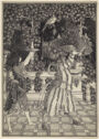 An ink drawing of two figures walking in profile along a balustrade, holding bowls up before them.