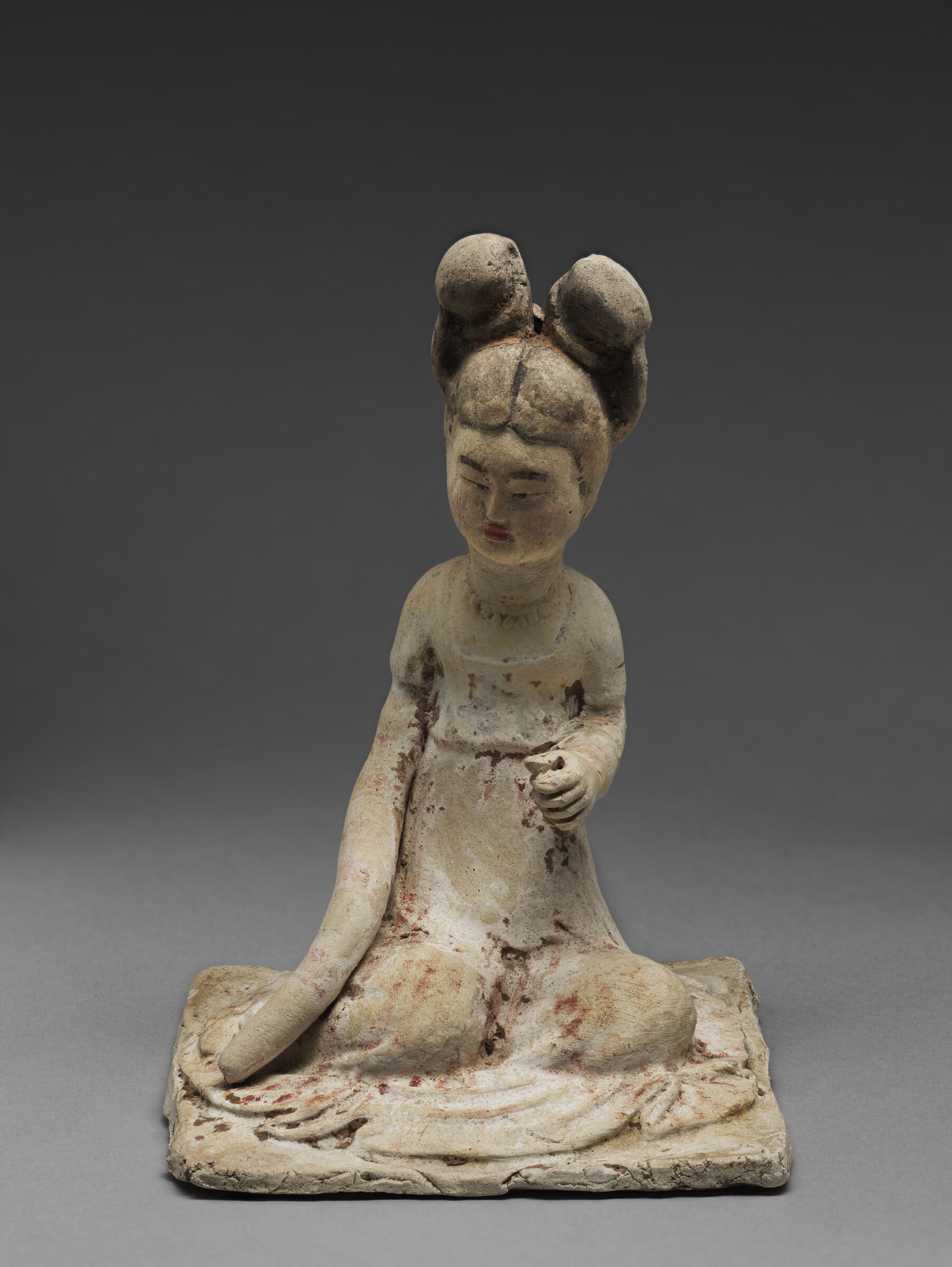 Female Court Musician With Hand Raised, From The Tomb Sculpture Set: Four Kneeling, Female Court Musicians (One With A 'Pipa', Or Lute, And One With Cymbals), Each Of The Four With A High-Waisted, Striped Dress Or Skirt And With Long Hair Arranged In Two Buns
