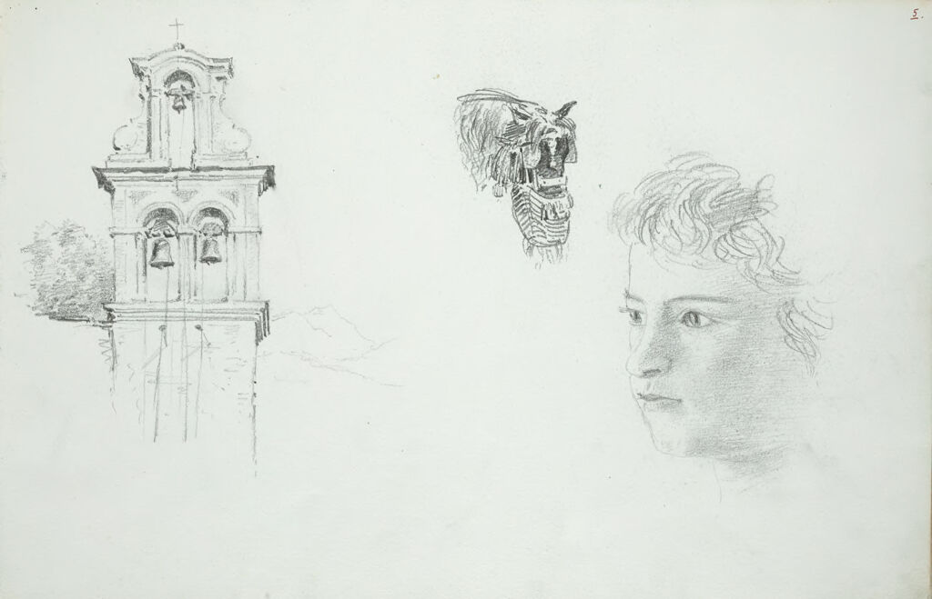 Sketches Of A Bell Tower, Horse, And Head Of A Young Girl
