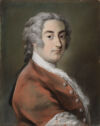 Formal portrait of a young man in eighteenth  century attire, turned to the right, facing us.