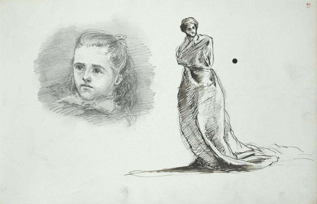 Sketch Of Girl's Head; Statue Of A Female Figure, Draped