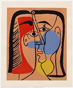 
A Cubist-style print of a woman’s face; black, red, blue, and yellow inks are used in the portrait. 