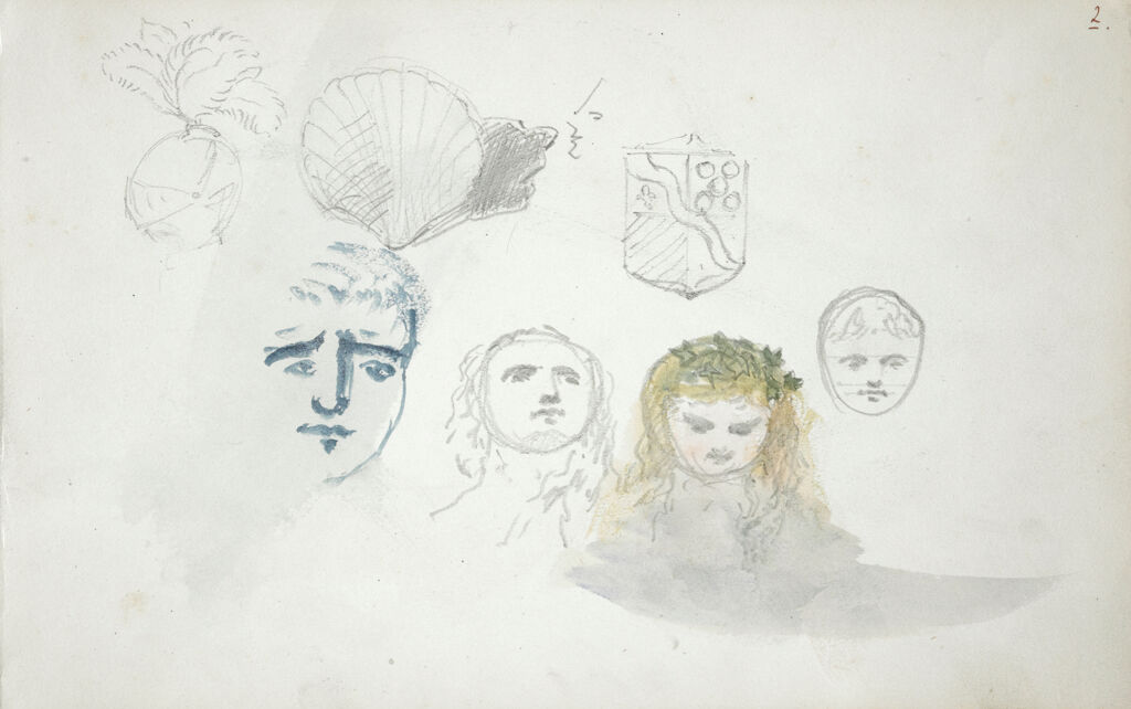 Sketches Of Heads And Escutcheons; Verso: Landscape With Sketch Of King's Head