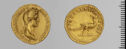 Both sides of an irregularly shaped gold coin with relief decoration on each side.