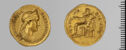 Both sides of an irregularly shaped gold coin with relief decoration on each side.　