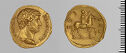 Both sides of an irregularly shaped gold coin with relief decoration on each side.　