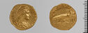 Both sides of an irregularly shaped gold coin with relief decoration on each side.