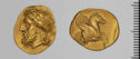 Both sides of an irregularly shaped gold coin with relief decoration on each side