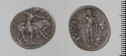 Both sides of an irregularly shaped silver gray coin with relief decoration on each side. 