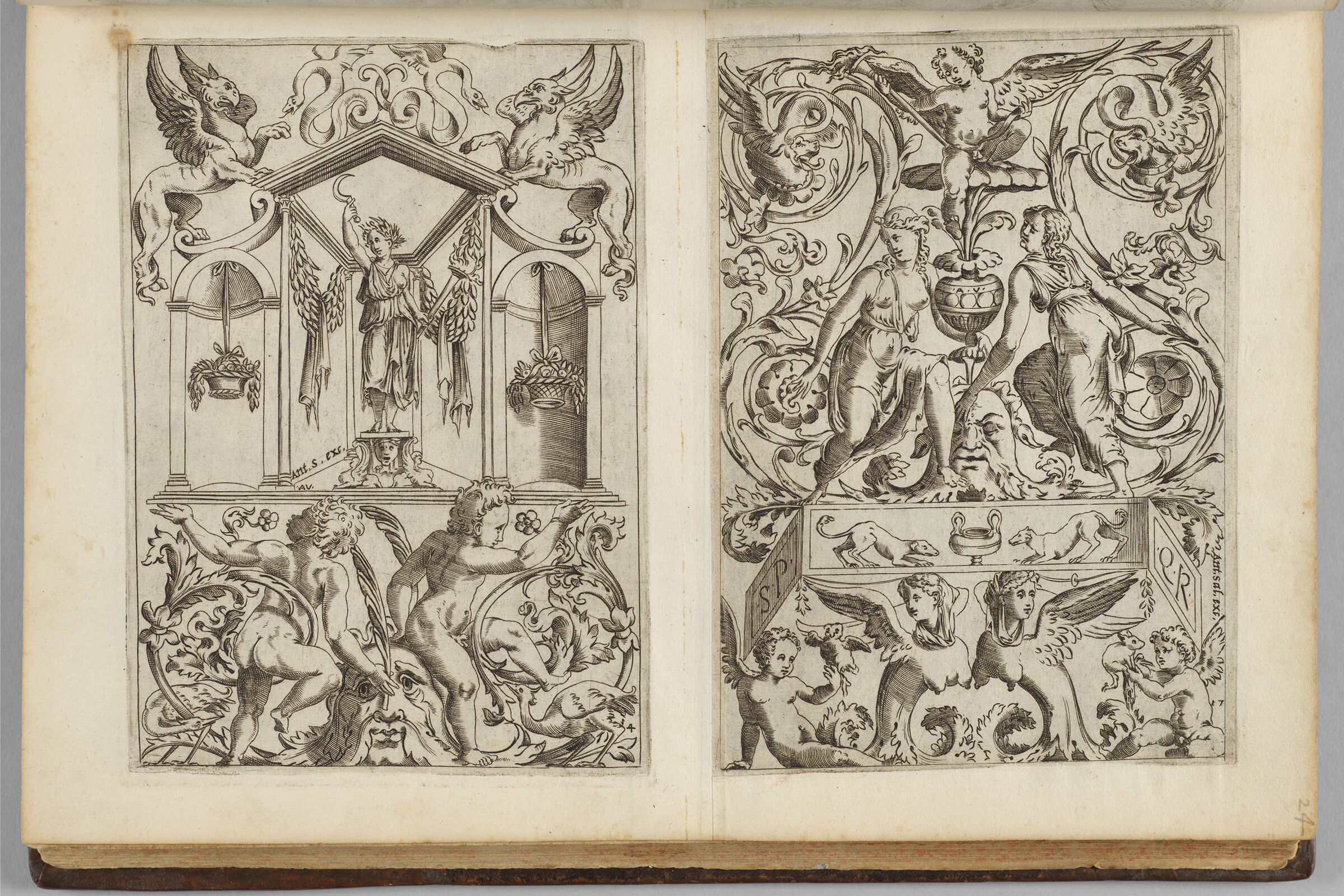 Two Grotesques: The Left With A Temple Of Ceres, The Right With Two Women Above A Panel With Two Dogs, Two Sphinxes Below