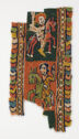 A rectangular textile fragment depicting a person on a red horse facing right above a person on a green horse facing left, bordered by two vertical multicolored stripes. 