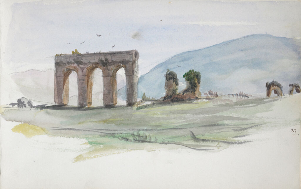 Aqueduct In A Landscape, Italy; Verso: Study Of A Head