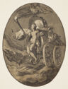 Gray, white, and black print of nude woman riding chariot