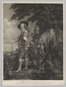 Full figure portrait of a man standing in a landscape on left next to a horse with an attendant.　