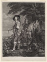 Full figure portrait of a man standing in a landscape on left next to a horse with an attendant.