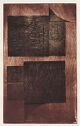 Blocks of black printed on a sheet of dark red wood grain pattern