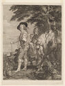 Full figure portrait of a man standing in a landscape on left next to a horse with an attendant.　