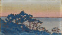 Painting of silhouetted trees with water and peach-colored sky