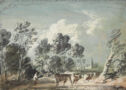 A watercolor of cattle with a herdsman, behind them are trees and in the distance, a church.
