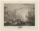 An etched off-white paper depicted with a European port scene. Small groups of men are along the bottom with tall, white buildings behind them on the left. The right side shows tall ships. There is script writing along the bottom edge.